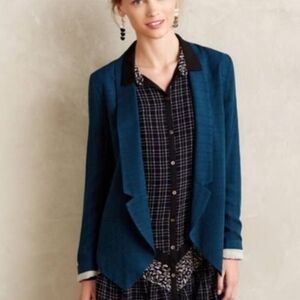 Anthropologie Cartonnier Camello Draped Teal Blazer Open Front Jacket Size Small